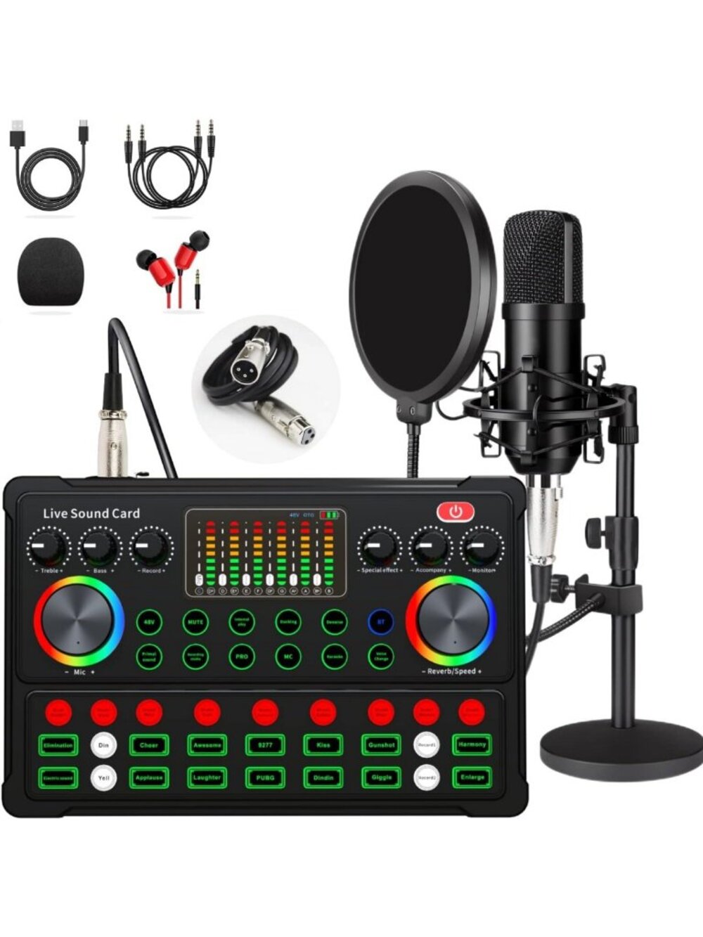 Podcast Equipment Bundle - 48V XLR Microphone, Adjustable Stand, Voice Changer